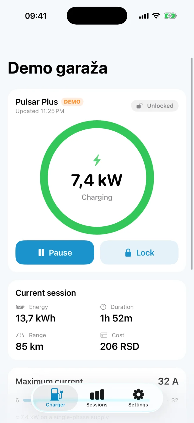 EV Charger Automate dashboard: charging at 7.4 kW