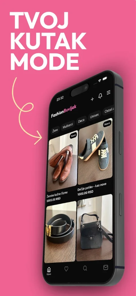 FashionBuvljak home screen with categories and listings